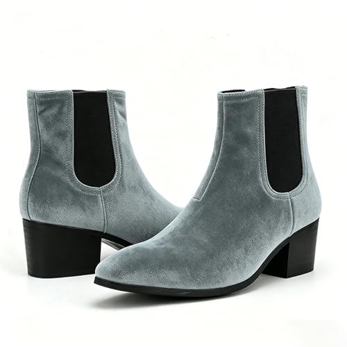 Image of Men'S Classic Leather Chunky Heel Chelsea Boots With Side Zipper Fashion Pointed Toe Elastic Band High Top Block High Heel Formal Chukka Booties For Casual Business Party Wedding