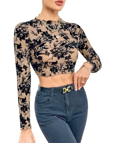 Image of ICW Women Long-Sleeves Round Neck Net Printed Transparent Mesh Sheer Crop Top T-Shirt DN38(Mix Print)