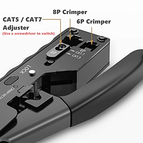 Image of Xikkart Crimping Tool, Rj45 Wire Cutter, Tool Kit, for Cat5 Cat5E Cat6 Network Connectors Cat6A Cat7 Shielded Modular Plugs Rj45 Rj12 Rj11 Crimp Tool (Strip Cut and Crimp All-in-One) - Black