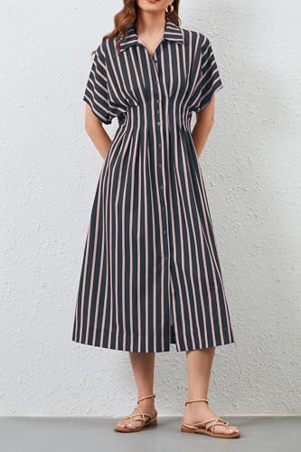Image of MSBESYOR Women Button Front Pleated Shirt Maxi Dress Summer Striped Prints Short Sleeve Collar Casual Long Dresses Navy