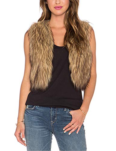 Tanming Women's Sleeveless Open Front Fluffy Short Faux Fur Vests Waistcoats (Grey, Small)