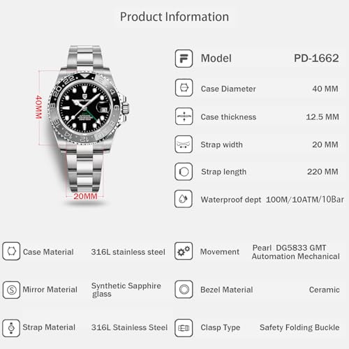 Image of Men Watch Pagani Design GMT Watches for Men Automatic 40MM Date 100M Waterproof Stainless Steel Sapphire Glass Mechanical Wristwatches PD-1662