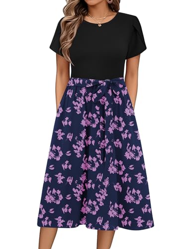Zeagoo Robe D'été pour Femme Décontractée Col Rond Imprimée Mi Longue Robe Pétale Manches Courtes Élégant Swing Robes de Plage avec Poches Floral K M