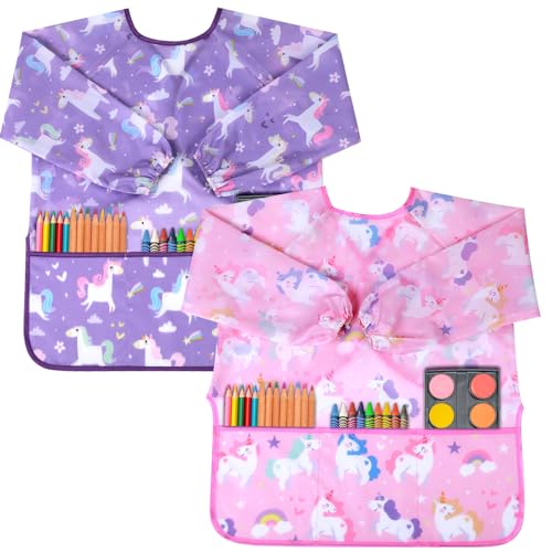 patinadrift 2 Stück Malschürze Kinder Malerkittel für 3-8 Jahre Jungen Mädchen,Bastelschürze mit 3 Tasche für Schule,Kunst,Malerei,Basteln
