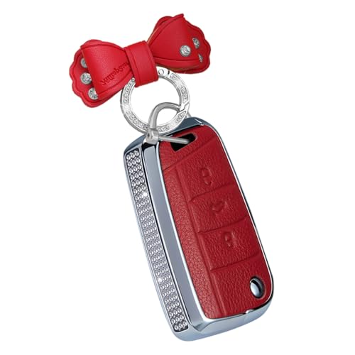 HIBEYO Key Fob Cover with Rhinestones Car Accessories for VVW Golf 7 Mk7 Polo Jetta4 Volkswagen Polo Tiguan MK7 Sagitar T-ROC Lavida Smart Key Case with Keychain Key Holder Cover-Bow Keychaink Red