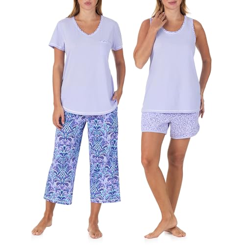 Image of Carole Hochman Women's 4-Piece 100% Cotton Pajama Set - V-Neck T-Shirt, Tank, Capri Pants & Shorts with Drawstring & Pockets