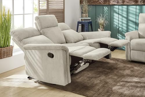 Stilvolles Dreisitzer Sofa mit Federkernpolsterung und Wellenunterfederung B180/T93/H100 cm, verstellbare 3er Couch durch halbautomatische Relaxfunktion, Bezug Cord in Beige / 15506 – Bild 7