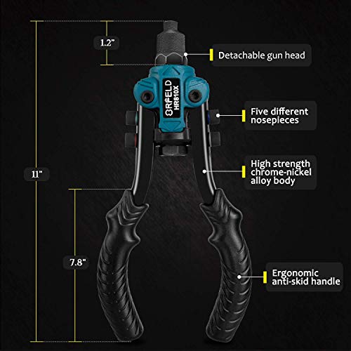 ORFELD Rivet Gun, 11"Heavy Duty Hand Riveter,Hand Riveter Set with 5 Replaceable Nosepieces, 5 in 1 Rivet Gun Kit with 50 Pcs Rivets Included. - Thumbnail 2