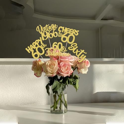 Image of 15 PCS 60th Birthday Centerpiece Sticks Sixty Happy 60th Vintage 1966 Table Flower Centerpieces Sticks Cheers to 60 Fabulous Floral Decorations for 60th Birthday Party Centerpieces Supplies Gold