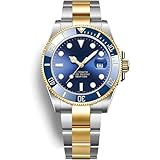 Glorixen Men Mechanical Watch Luxury Ceramic Bezel Automatic Stainless Steel Sapphire Glass Waterproof Fashion Classic Gift Box (Gold Blue)