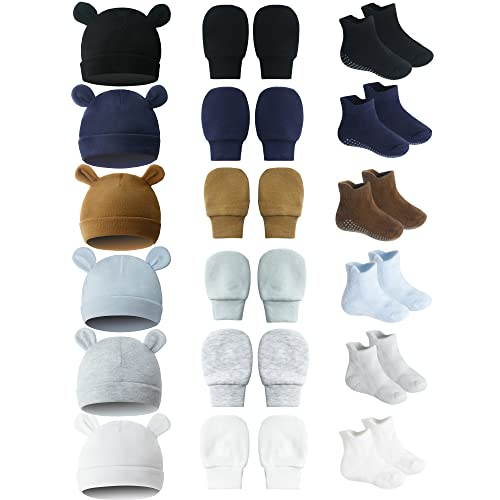 Image of Newborn Baby Hats 0-6 Months Anti Skid Socks & Baby Mittens 0-6 Months for Boy Girl |Unisex Infant Baby Bear Ears Beanie Cap