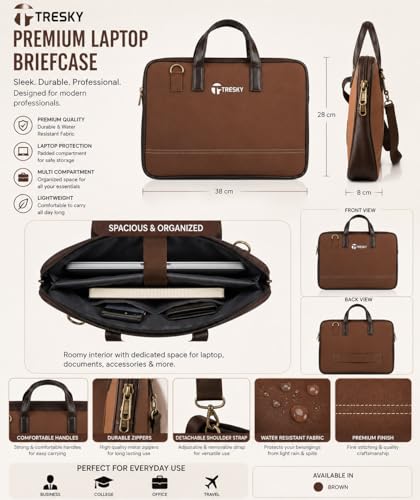 Image of Laptop Bag for Men, Brown, Faux Leather Trim, Multiple Compartments, Professional Briefcase