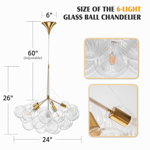Longree Bubble Chandelier White and Gold 6-Light Dia 24" Swirled Glass Chandeliers Pendant Light Fixture for Kitchen Island, Bedroom, Dining Room by Longree - Image 4