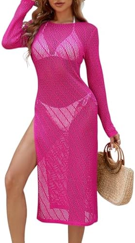 Pink Queen Swimsuit Coverup for Women 2025 Crochet Long Sleeve Hollow Out Mesh Knit Beach Cover Up