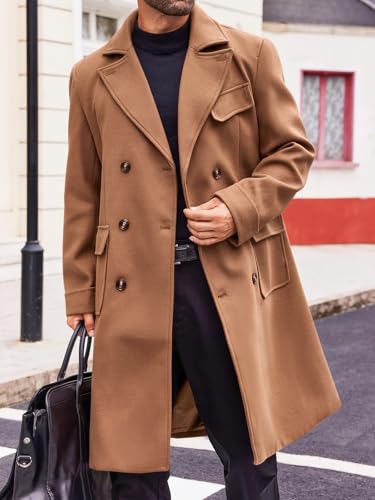 Image of Runcati Mens Trench Coat Notch Lapel Double Breasted Peacoat Wool Blend Casual Long Overcoat