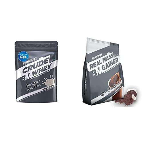 Image of Bigmuscles Nutrition Crude Whey 1kg, Whey Protein Concentrate 80%, 24g Protein, 5.5g BCAA, 4 g Glutamine & Bigmuscles Nutrition Real Mass Gainer [Chocolate], 1000 Calories Per Serving 10 Servings