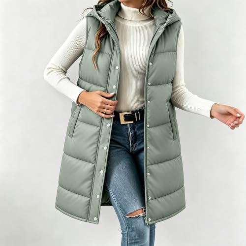 XOGWVJ Womens Long Vests Sleeveless Outerwear Womens Puffer Vest Long Hooded Sleeveless Coat Winter Warm Quilted Zip Up Jacket with Pockets Casual Cold Outerwear Green XL - image 2