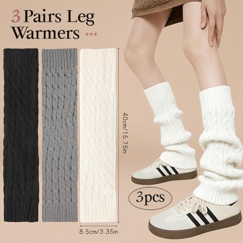 Yxelydriail 3 Pairs Leg Warmers Women, Knitted Leg Warmers 80S For Women Girls, Y2K Knee Thermal Sleeve For Party Ballet Dance Winter Daily (Black+White+Grey, Onesize) - 2