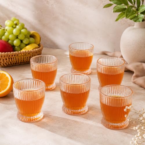 Image of bellemax 300ML Juice and Water Glass Stylish Crystal Highball Drinking Glasses, Medium Size Tumbler Glasses for Juice, Water, Milk, lassi, Cocktails and Sharbat (Set of 6)