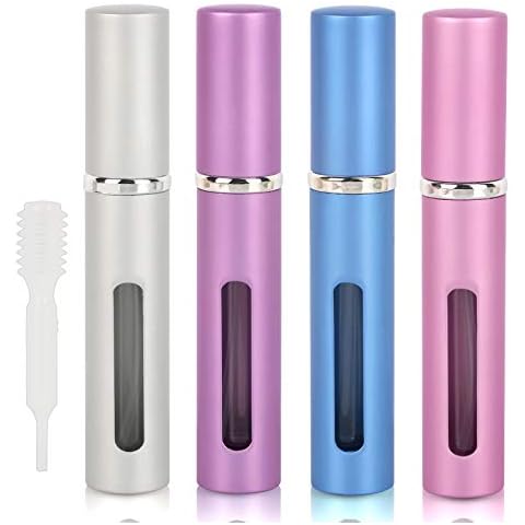PATAZOK 4pcs 5ML Perfume Atomiser Bottles,Refillable Spray Travel Mini Portable Fragrance Bottle Set for Women&Men Purse Handbag Pocket with Pipettes and Storage Box (Silver,Blue,Pink,Purple) Cover