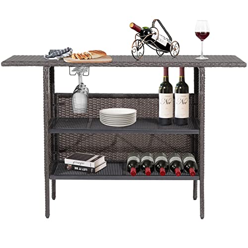 Giantex Outdoor Patio Wicker Bar Table, 2 Storage Shelves, 55''W Tabletop, Rails for Hanging Wine Glasses, Heavy-Duty Metal Frame, Bistro Rattan Bar Counter Table for Poolside Backyard (Mix Brown) - Thumbnail 4