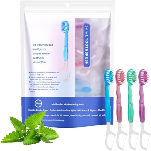 5 in 1 ミニ歯ブラシ & フロス & 舌クリーナー & つまようじセット、5 in 1 フロス、携帯用ミニ使い捨て歯ブラシと歯磨き粉 26 個パック,1 bag