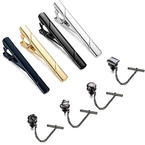 Jstyle 8Pcs Tie Clips For Men Tie Tack With Chain For Wedding Business Accessories Black Silver Gold Tone Tie Pin Clips #TOP9