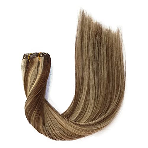 Sew in Hair Extensions Human Hair Blonde Highlights Sew in Hair Weft Real Remy Hair Weave Bundles Medium Brown with 613 Bleach Blonde Highlights Natural Seamless Double Weft Silky Straight 80G 12 Inch