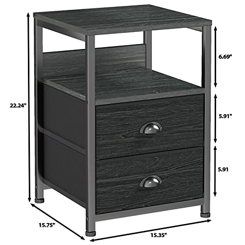 Furologee Nightstands Set Of 2, End Table With 2 Fabric Drawers, Side Table With Storage Shelf, Industrial Bedside Sofa Table Furniture For Bedroom/Living Room/Hallway/Nursery, Black Oak #TOP2