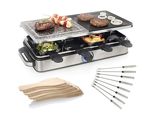 XL RACLETTE Partygrill großer Tischgrill für 8 Personen, wendbare Stein-& Grillplatte mit 8 Teppangabeln, Grillfäche 2x…