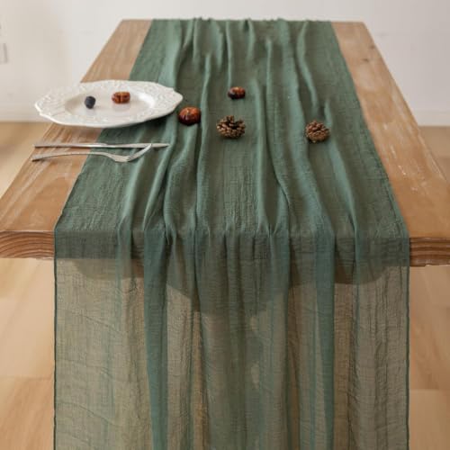 Image of 2Pcs Forest Green Cheesecloth Table Runner 120 Inches for Party Home Decor | Ideal for wedding baby shower bridal shower birthday engagement party,or adding rustic boho charm to daily home.