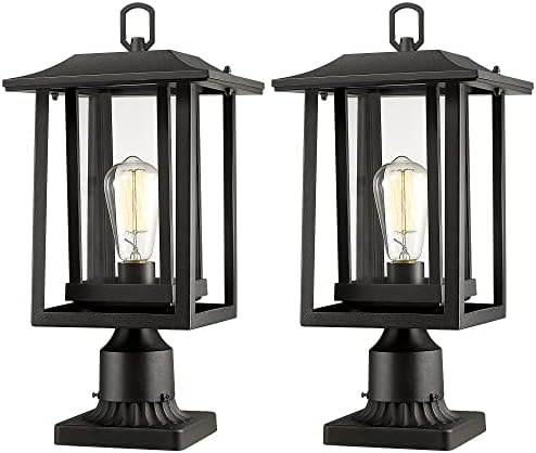 Beionxii Outdoor Post Lights, Large Exterior Lamp Post Light Fixture with Pier Mount Base, Black Cast Aluminum w/Clear Glass(19" H x 9" W) - A197P-2PK
