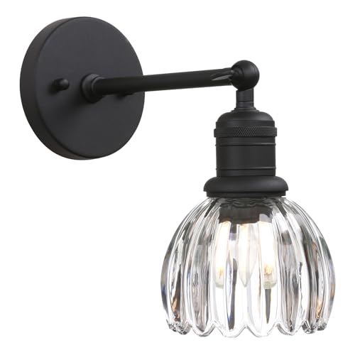 Image of Yosoan Boho Indoor Vintage Wall Sconce with Flower Shade, 1-Light Modern Vanity Industrial Hardwired Wall Mounted with Transparent Tulip Shade for Living Room Bedroom Kitchen Hallway Home Decor(Black)