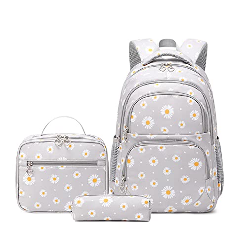 Kit de Mochila Escolar Juvenil Menina Estojo Lancheira Mochila Escolar Infantil Impermeável de Grande Capacidade para estudante viagem (Cinza)