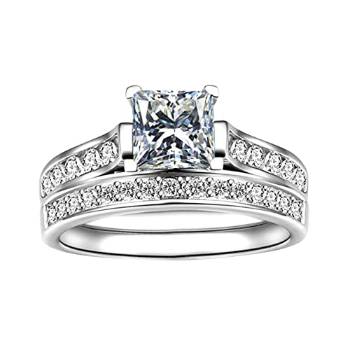 2Pcs Square Zircon Engagement Ring Set Bride Wedding Band Anniversary Ring for Women Exquisite Jewelry (Silver, 6)