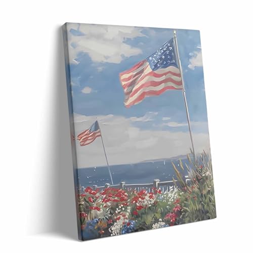 Image of Memorial Day Canvas Wall Art, Seaside American Flag Print, Patriotic Coastal Landscape with Flowers and Sky Vintage Framed Oil Painting, Independence Day Summer Beach House Wall Decor 8x10inch