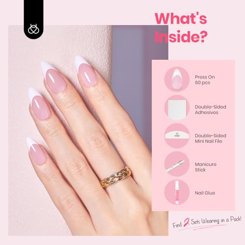 Image of Beetles French Tip Press On Nails - Medium Almond 60pcs 15 Sizes | White French Tips Pink Fake Nails with Nail Glue, Quick & Easy Nail Salon Manicure Gift for Women, All-in-One Complete Kit