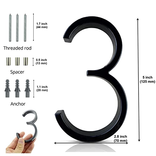 5 Inch Floating House Number For Outside - Maximum Rust Protection Modern House Numbers, Zinc Alloy Shadow Number With Nail Kit Decor For Outdoor Garden Door Mailbox Garage Gate, 911 Visibility Signage, Black (3) #TOP1