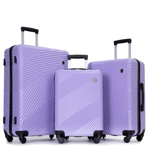 3-Piece PC+ABS Lightweight Luggage Set, Light Purple Suitcase with Spinner Wheels & Hooks, (20/24/28 Inch)