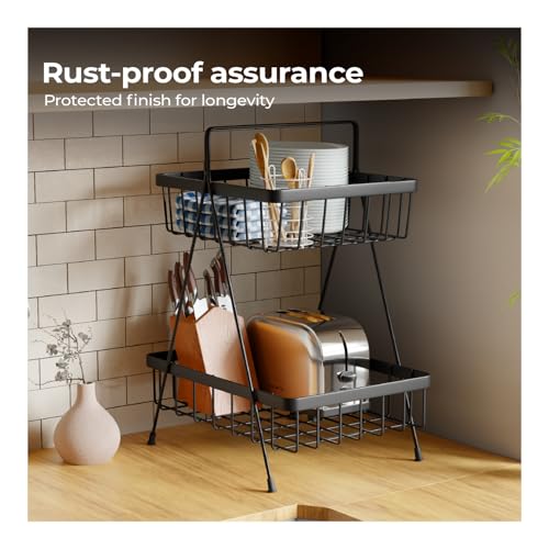 Image of Lifelong 2-Tier Fruit Basket Stand for Kitchen & Dining Table|Black Metal Wire Organizer for Fruits, Vegetables & Snacks |Countertop Storage Rack with Baskets |Vertical Storage for Pantry & Home Decor