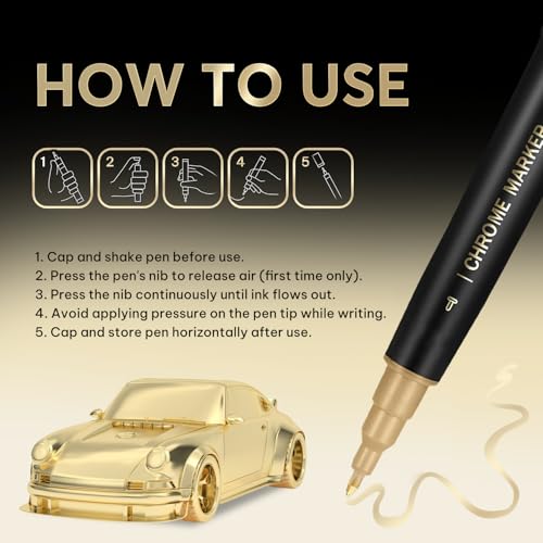 Image of 1PK Dual Tip Liquid Gold Chrome Paint Marker, Mirror Gold Pen | 1mm & 2-5mm Reversible Tips Permanent Metallic High Gloss Marker for Metal, Plastic, Fabric, Model, Touch-Up & Repair Kit