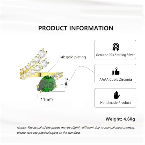 Vintage 925 Sterling Silver Simulated Emerald & Cubic Zirconia Adjustable Ring for Women, Engagement Promise Green Droplet Motif Ring for Her2