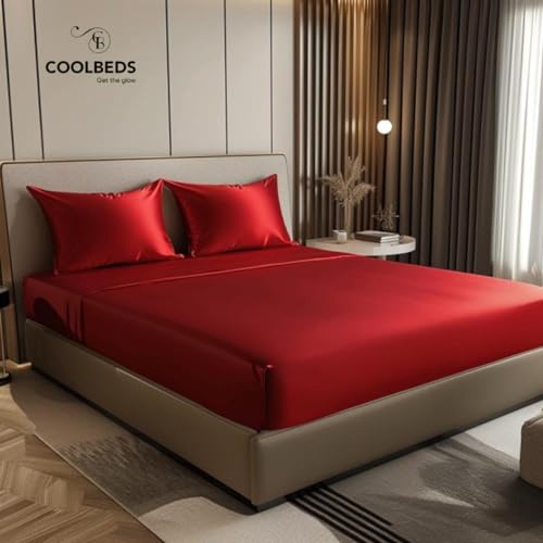 Image of COOLBEDS Satin Elastic Fitted Sheet & 2 Pillow Covers (King, Red)