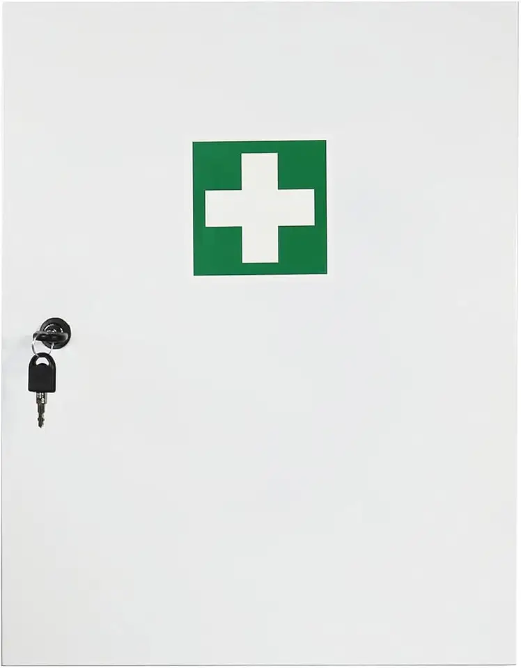 First Aid Products Verbandschrank D – inkl. DIN 13157:2021 Füllung – Medizinschrank Metall mit Gummidichtung, 3 Ablagefächer + 3 Türfächer - robust & staubgeschützt - 48,5 x 40 x 20 cm