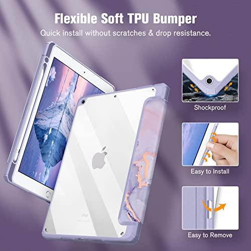 Image of Fintie Hybrid Slim Case for iPad 9th / 8th / 7th Generation (2021 /2020 / 2019) 10.2 Inch - [Built-in Pencil Holder] Shockproof Cover with Clear Transparent Back Shell, Lilac Marble