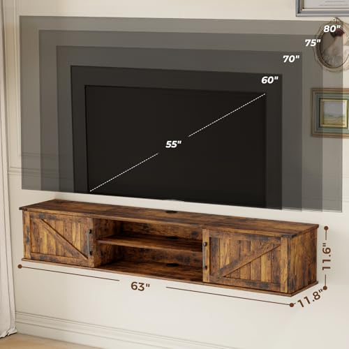 63" Farmhouse Floating TV Stand with Doors for TVs up to 80", Brown by ALLSTAND - Used condition - Image 4