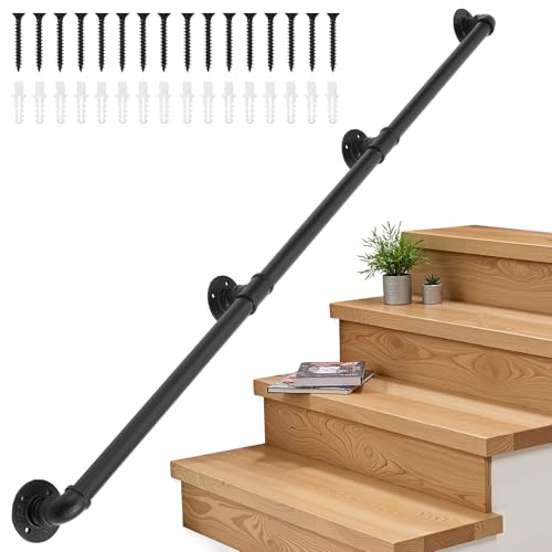INMOZATA Handrails for Stairs,3M Black Bannister Rail for Stairs Handrail,Safety Wall Mounted Hand Rails Stairs with Fittings,Non-Slip Carbon Steel Round Pipe Stair Railing for Indoor Outdoor Steps