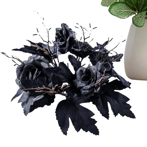 Anillos de vela de Halloween - Corona de velas de Halloween floral de 3 pulgadas | Soporte único de Candie Garland | Corona decorativa negra para centro de mesa y decoración de fiesta de vacaciones