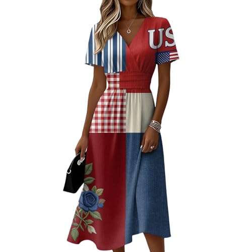 Robe col V fluide manches courtes imprimé fleuri rayé