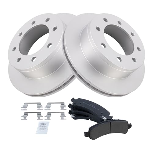 Image of TRQ Rear Brake Pad and Rotor Set Semi Metallic G Coated Rotors Compatible with 2006-2016 Chevrolet Express 2500 2003-2016 Express 3500 GMC Savana 2500 Savana 3500